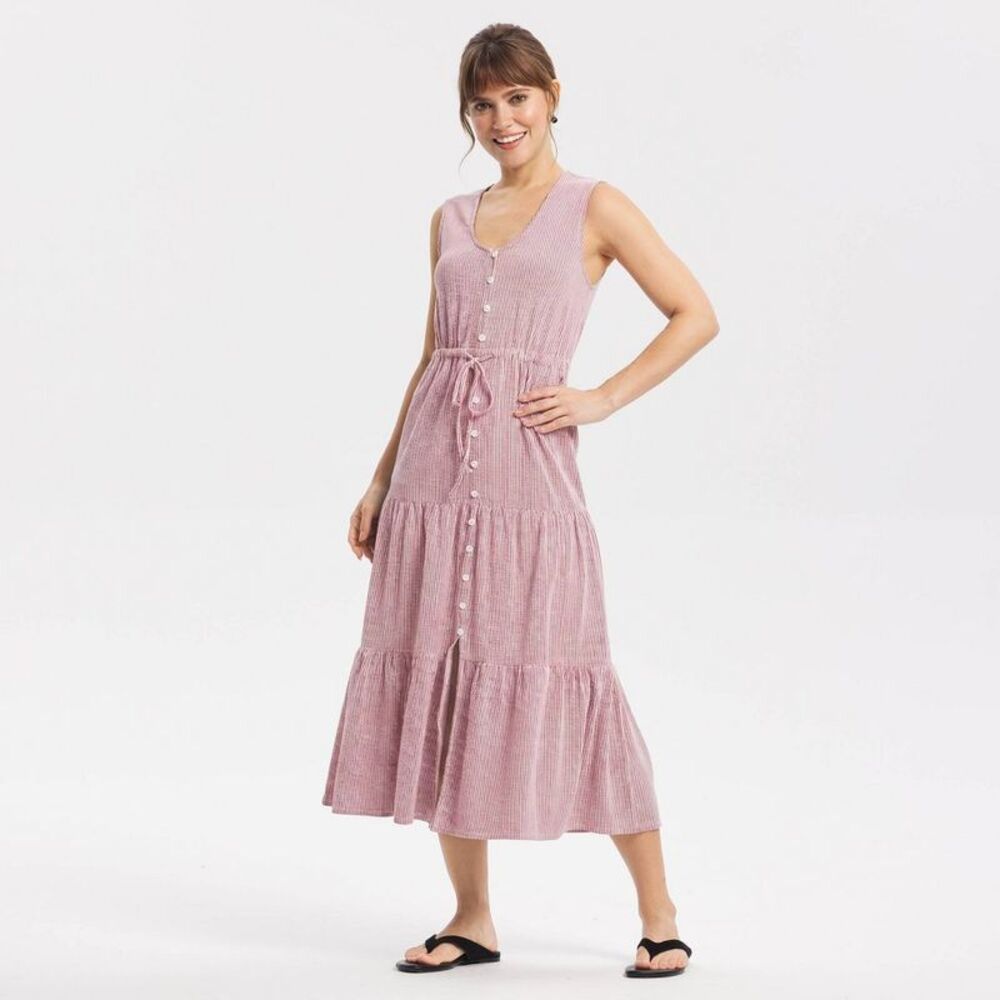 Women's Button-Front Tiered Midi Dress - Universal Thread Red Striped S